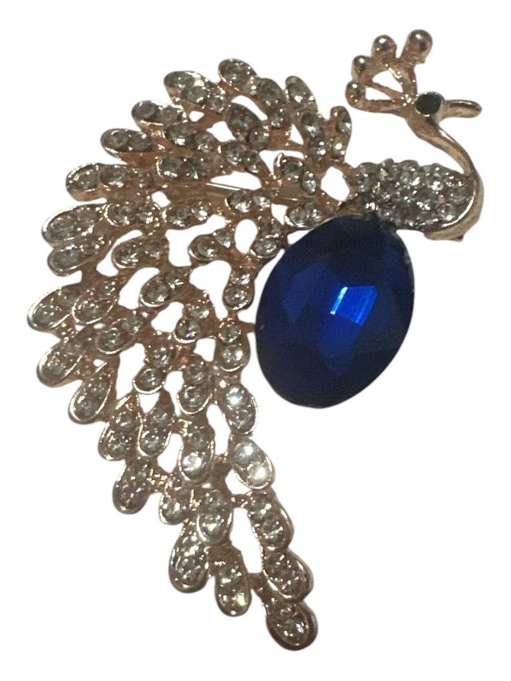 Rhinestone Peacock Brooch with Deep Blue Center Stone